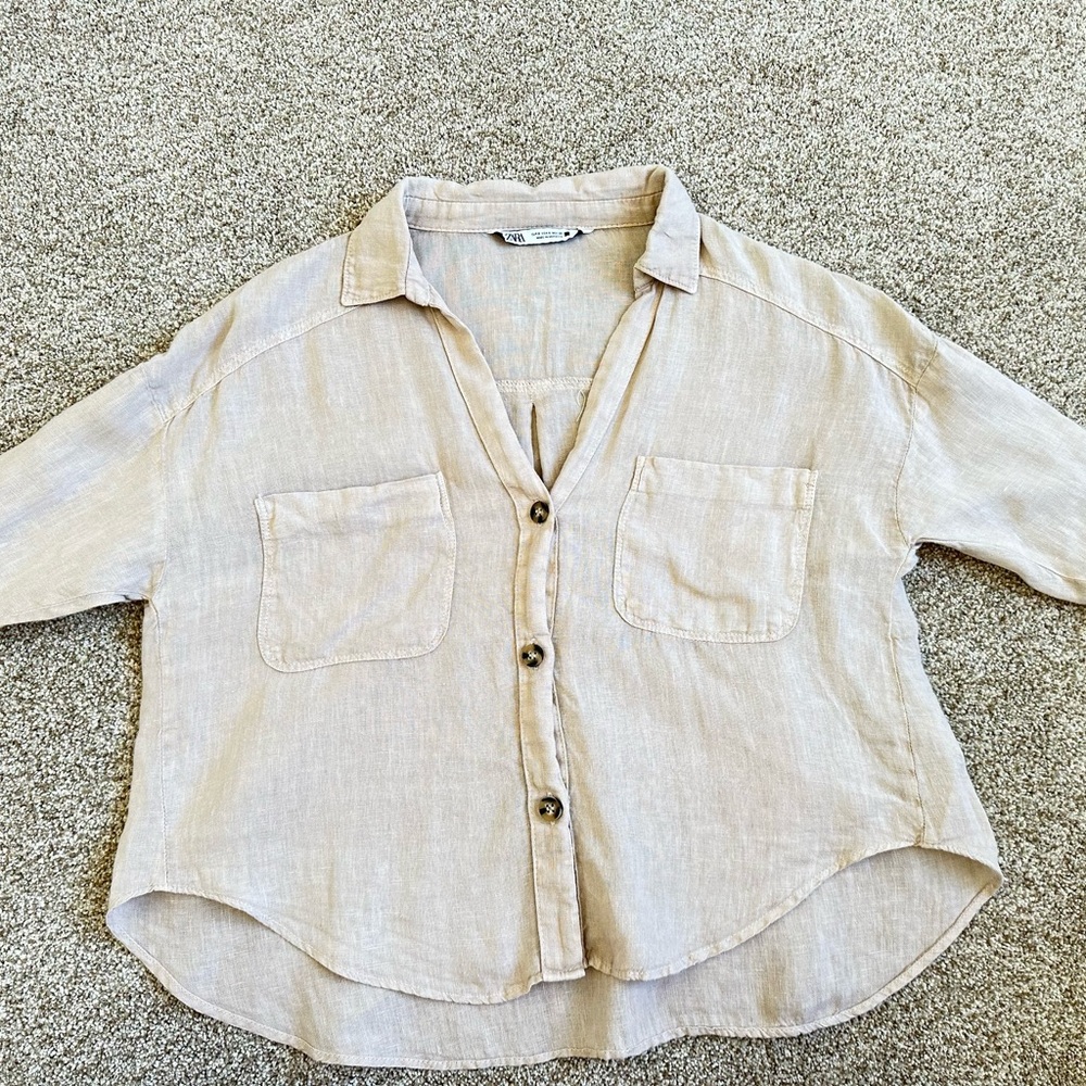 Zara Light Beige Linen Button-Up